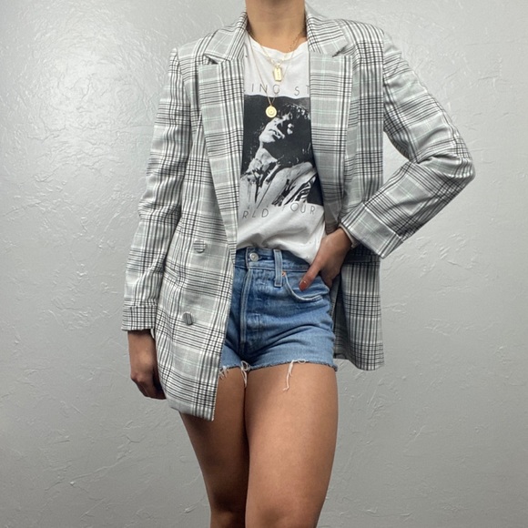 ASOS Bershka black/mint plaid blazer size Med, fits like small - Picture 2 of 10